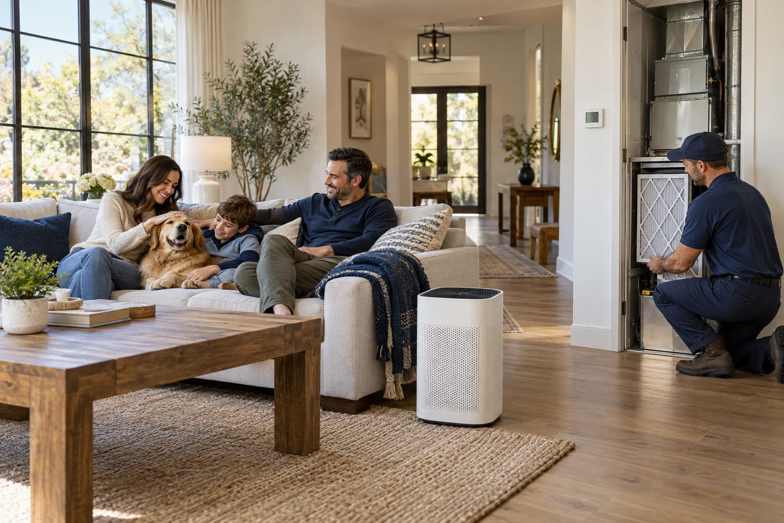 AI-created illustration of a family relaxing beside a portable air purifier while an HVAC technician replaces a pleated air filter.